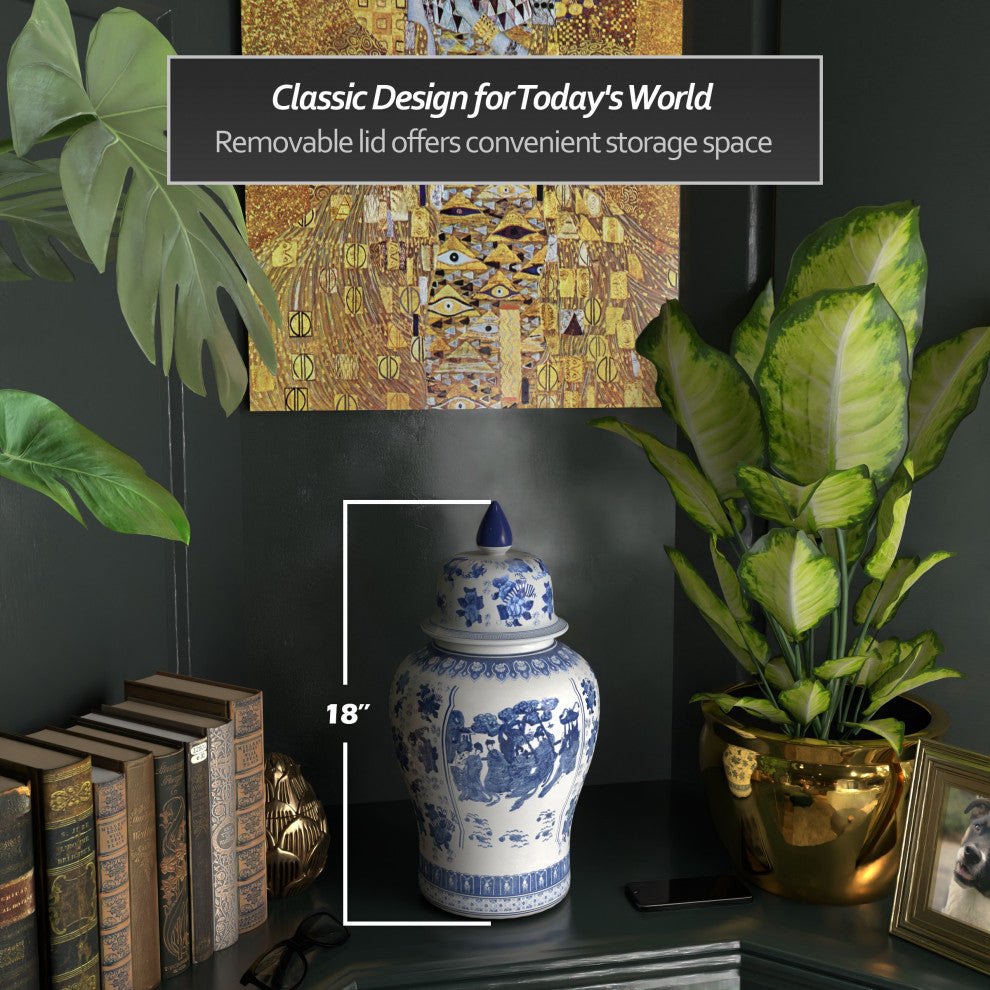 18" Ladies Blue and White Porcelain Temple Jar