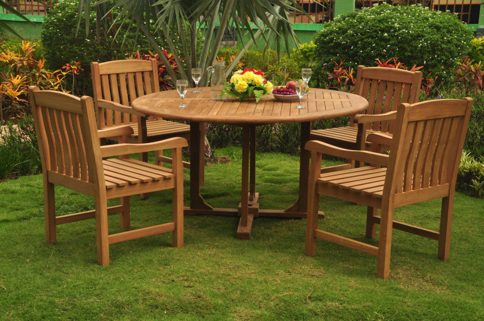 5-Piece Outdoor Patio Teak Dining Set, 60" Round Table, 4 Devon Arm Chairs