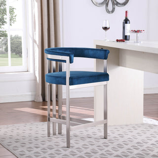 Marcello Upholstered Counter Stool, Navy, Velvet, Brushed Chrome