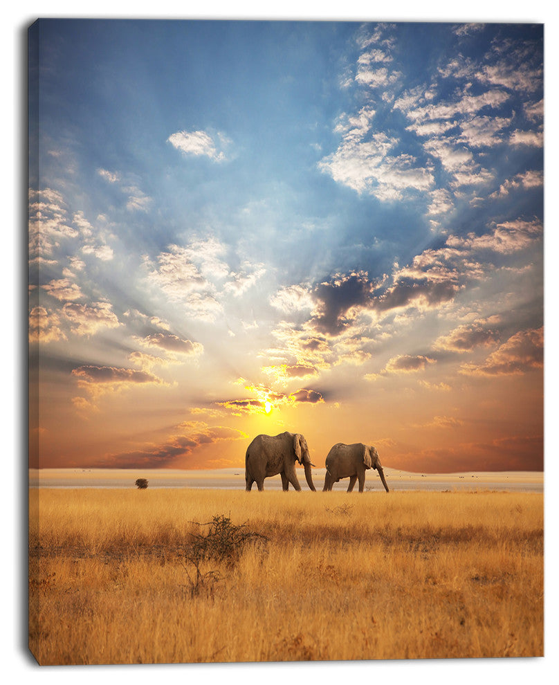 Elephants Walking Along River Bank, Animal Canvas Art Print, 30"x40"