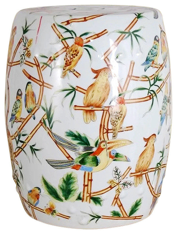 Chinese Multicolor Bird Motif Round Garden Stool 18"