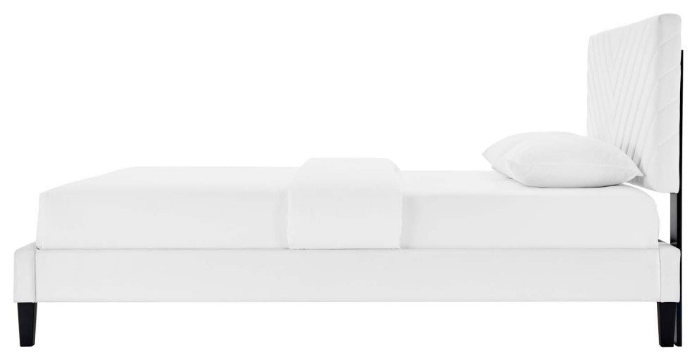 Platform Bed Frame, King Size, White, Velvet, Modern, Bedroom Guest Suite