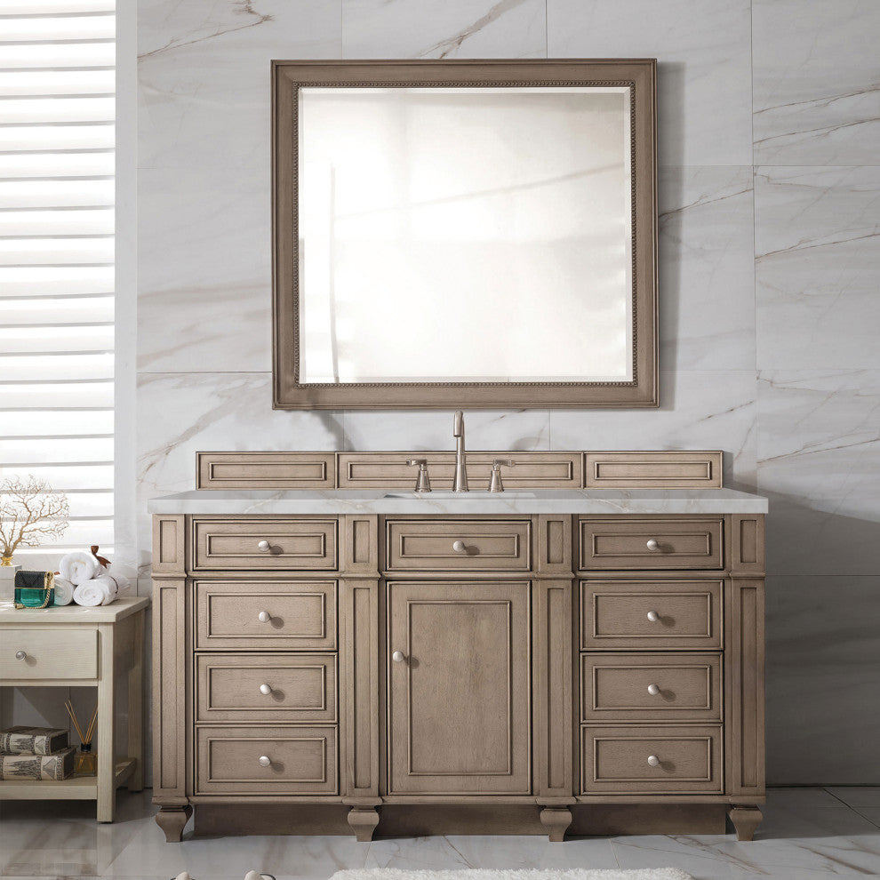 Bristol 60" Single Vanity, Whitewashed Walnut, Victorian Silver Quartz