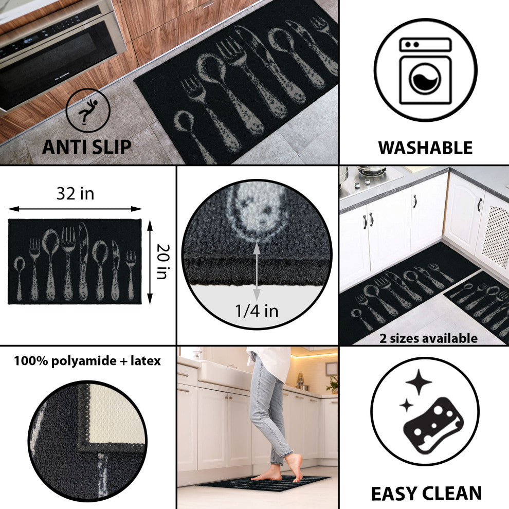 Black Wool-Effect Kitchen Mat With Chic Cutlery Print 32" x 20"