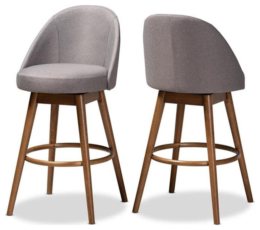 Bowery Hill Mid-Century Gray Upholstered Swivel Bar Stool in Walnut  (Set of 2)
