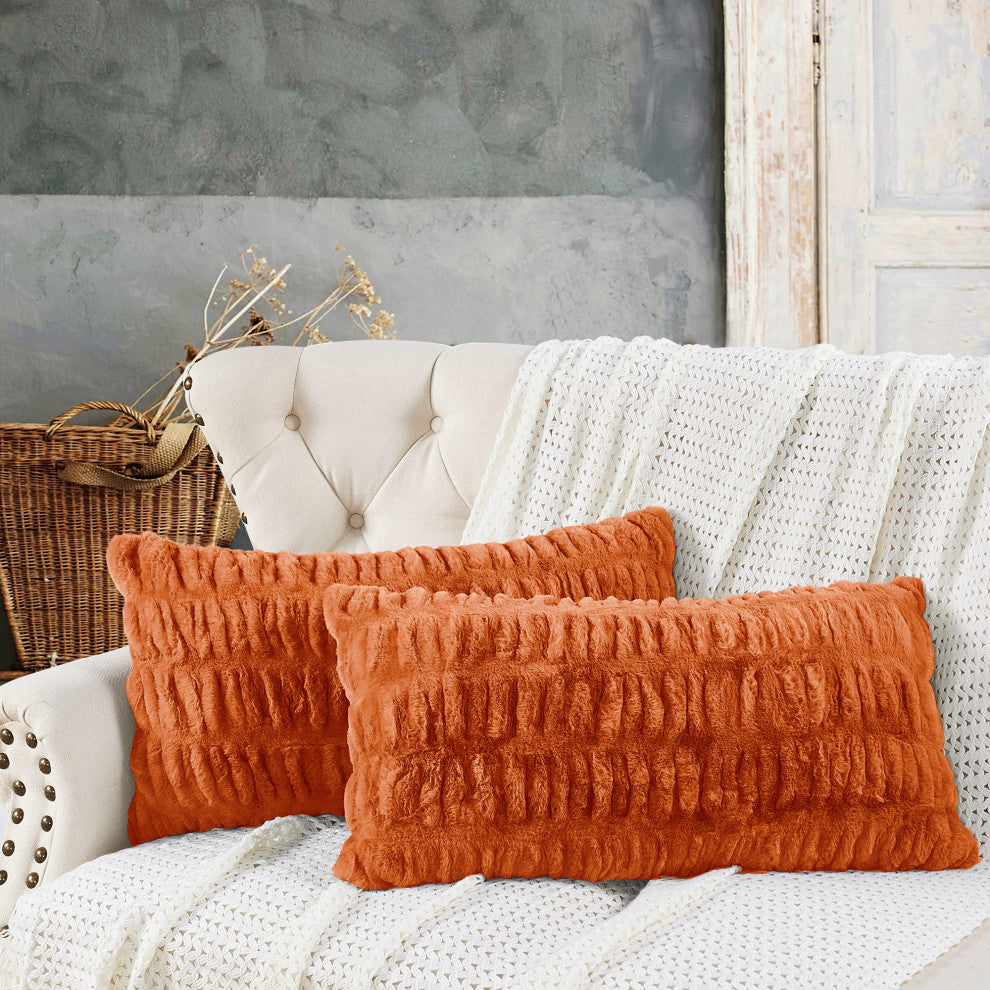 Shar Pei Faux Fur Pillow Shell Set, Burnt Orange, 2 Piece Lumbar, 14"x26"