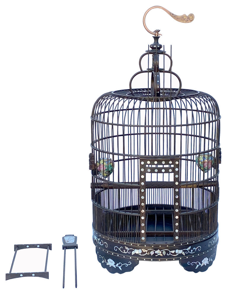 Chinese Tan Rosewood Mother of Pearl Inlay Round Collectable Birdcage Hcs7323