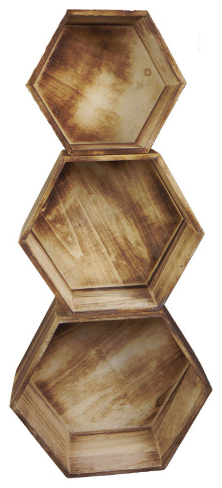 11.8" Brown Wash Hexagon Wood Crate, Set of 3