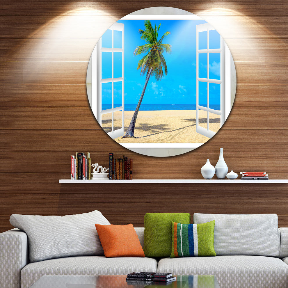 Open Window To Beach With Palm, Seashore Round Wall Art, 11"