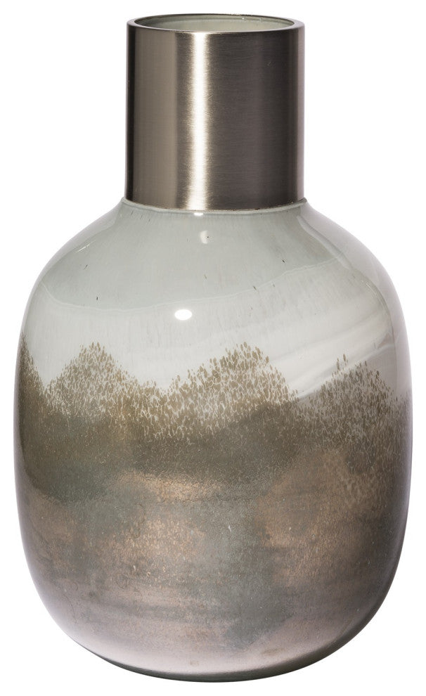 13" Cream and Brown Ombre Glass Vase With Dark Bronze Top