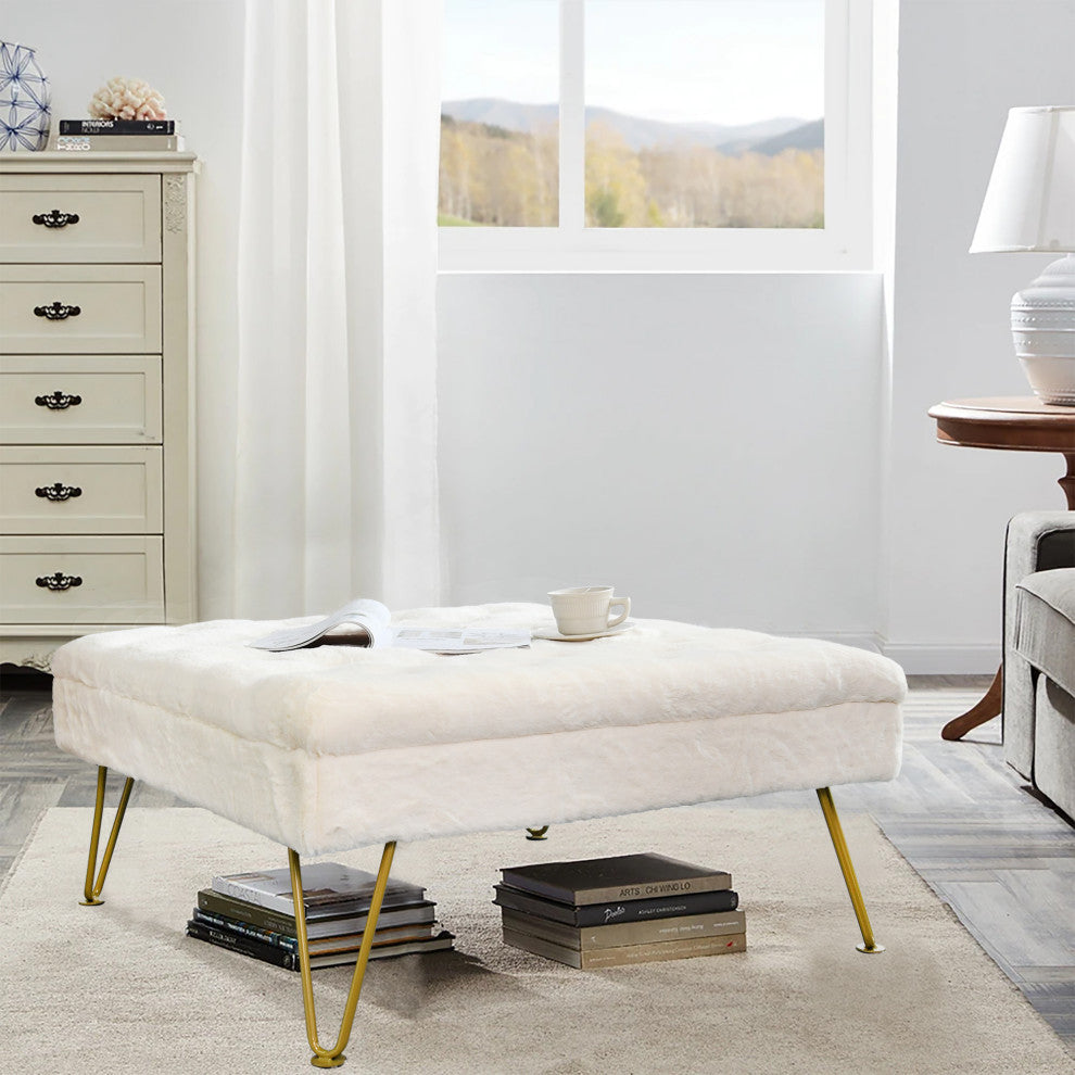 Rabbit Faux Fur Tufted Coffee Table, Egret, 33"x33"x18"
