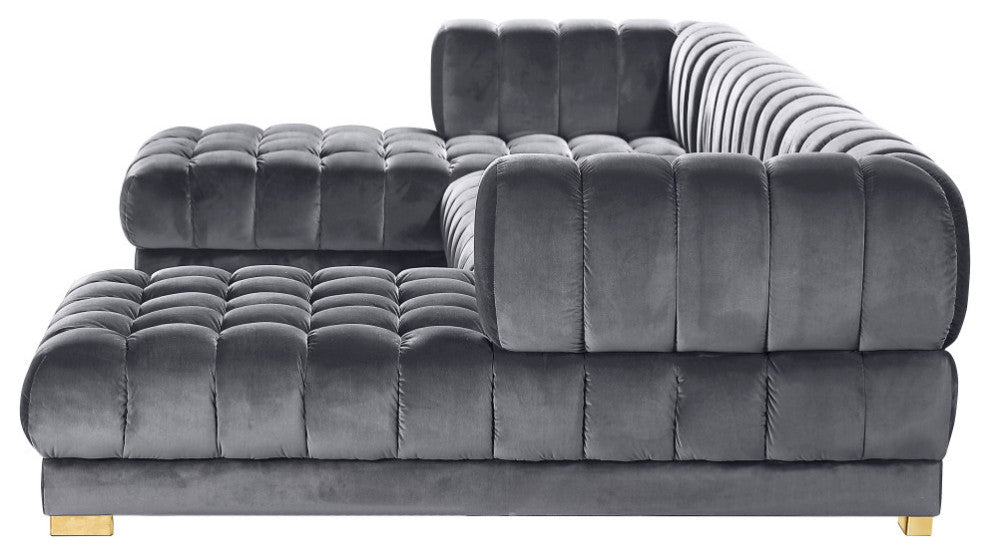 Gwen Biscuit Tufted Velvet Upholstered 3 Piece Sectional, Gray