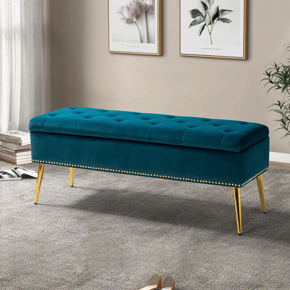Button-tufted Storage Bench with Nailhead Trim, Teal