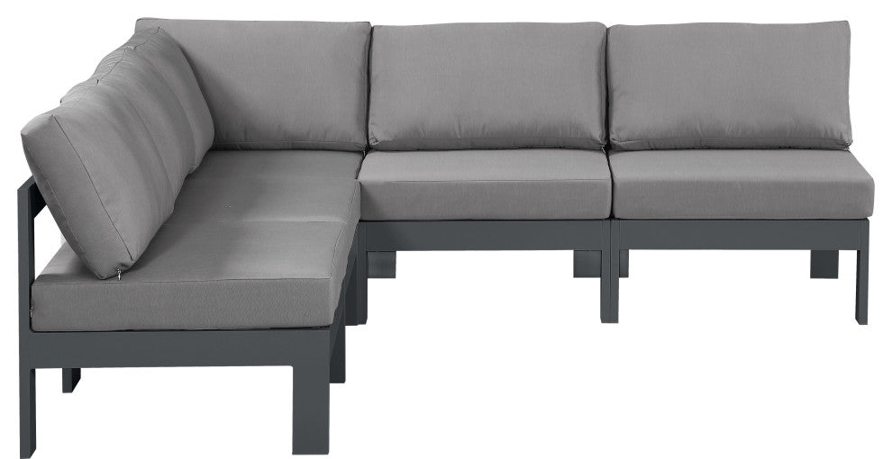 Nizuc Water Resistant Patio L-Shaped Modular Sectional, Gray, 5-Piece: 4 Armless Chair, 1 Corner Chair, Dark Gray Aluminum Frame