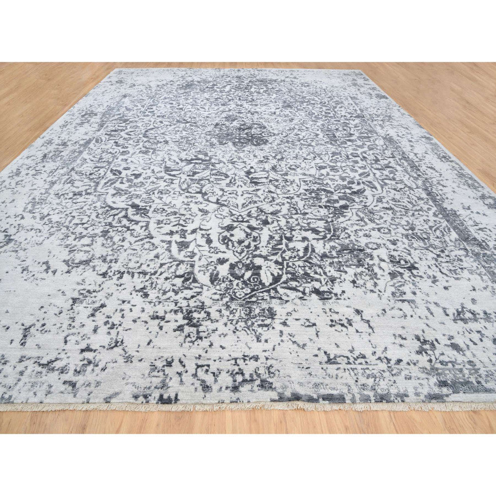Gray Hand Knotted Erased Persian Design Wool and Silk Oversized Rug 14'2"x18'0"