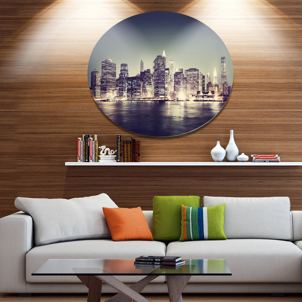 Black And White Nyc Night Panorama, Cityscape Disc Metal Artwork, 36"