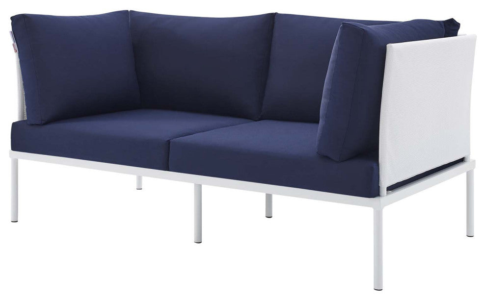 Lounge Loveseat Sofa, Sunbrella, Aluminum, Metal, White Blue Navy, Outdoor