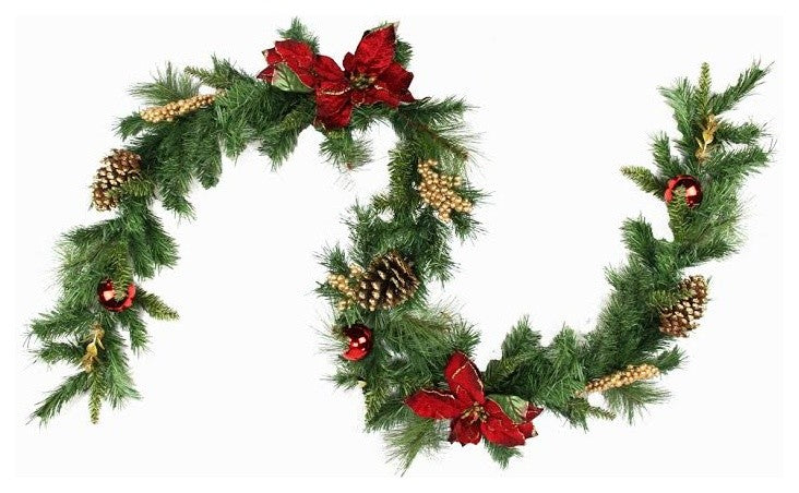 6'' x 10" Pine with Red Balls Poinsettias Gold Pine Cones and Berries Garland
