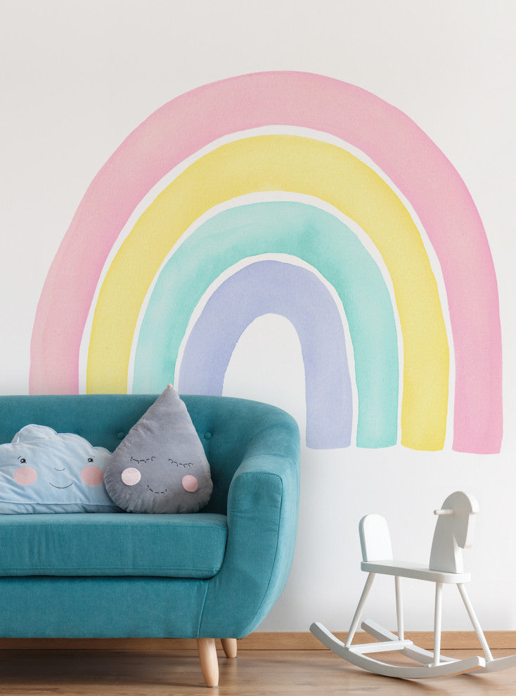 Watercolor Rainbow Vinyl Wall Sticker - Peel and Stick, Pink, Medium 48"w X 39"h