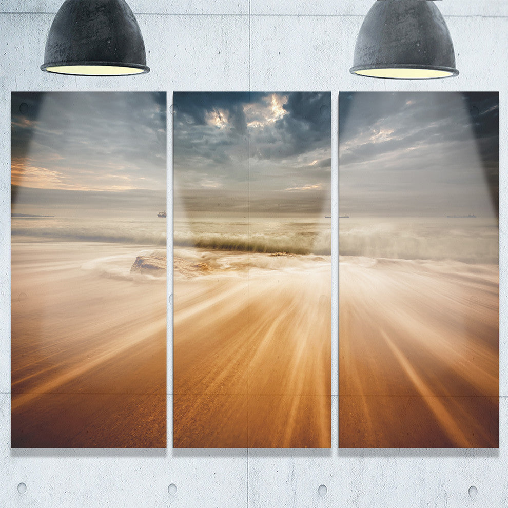 "Stormy Sea With Waves Flowing Out" Beach Metal Wall Art, 3 Panels, 36"x28"