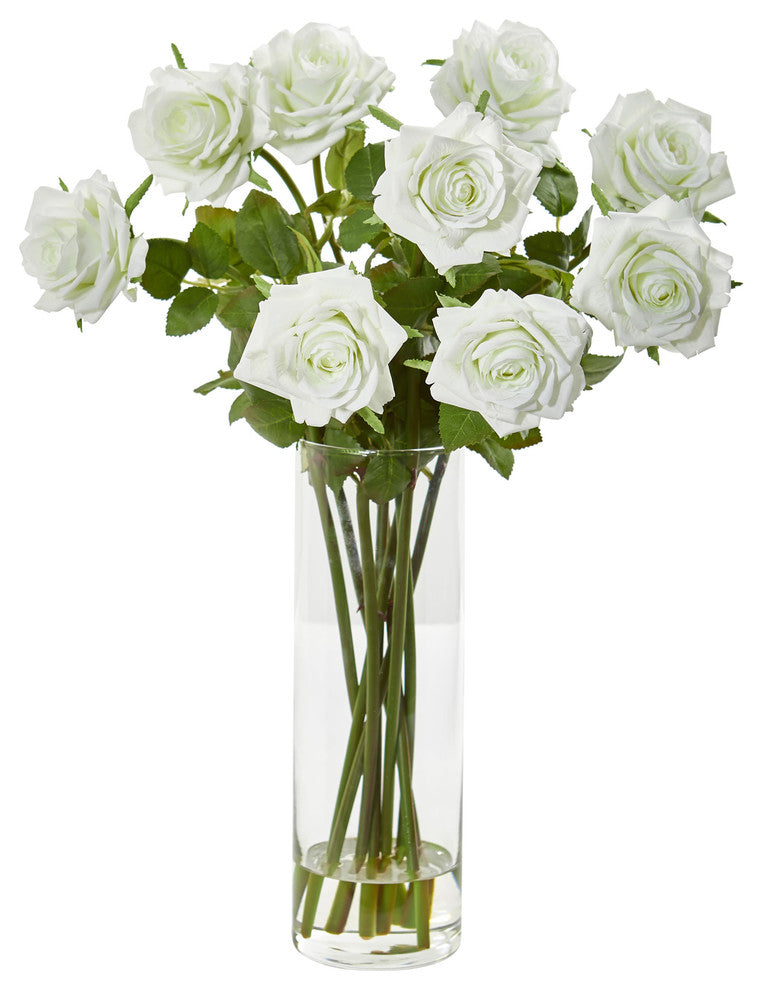 Rose Artificial Arrangement in Cylinder Vase, Cream