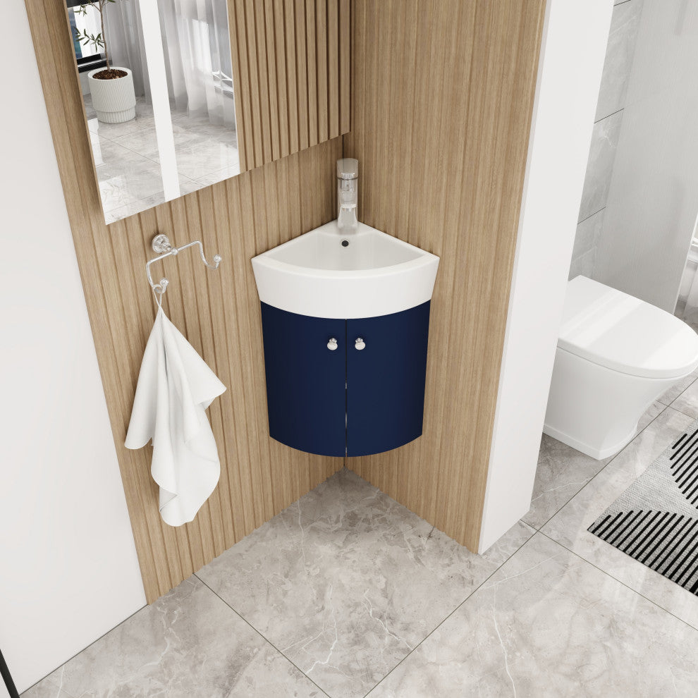 BNK Compact Double-Door Corner Bathroom Cabinet with Ceramic Basin