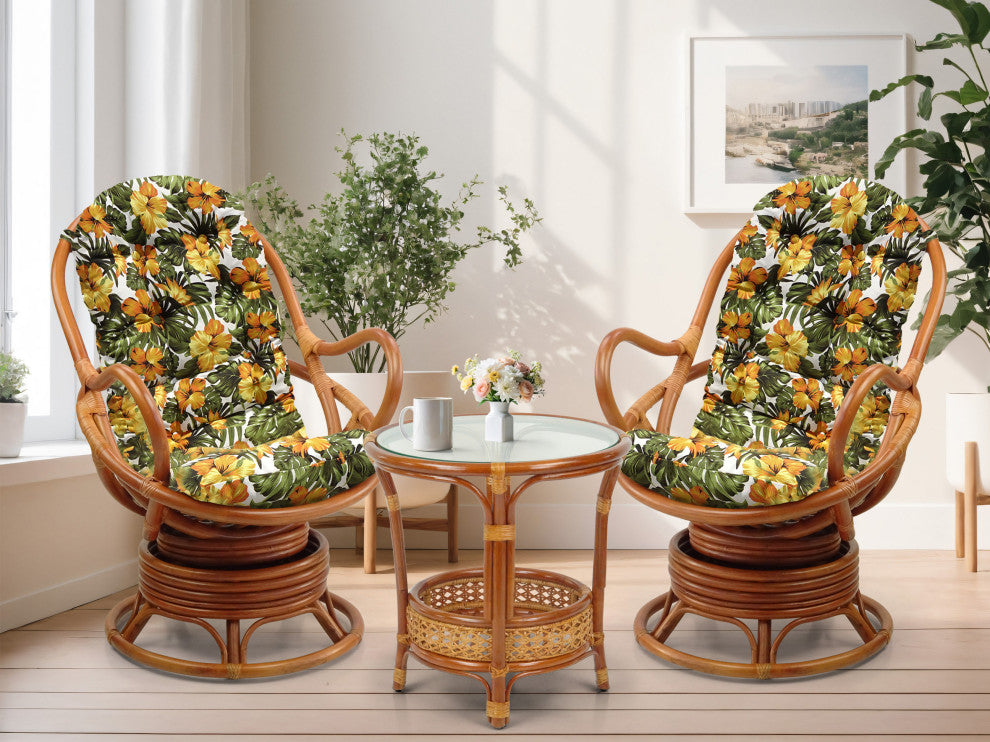 Java Lounge Swivel Rocking Rattan Wicker Chair Colonial, Floral Cushion