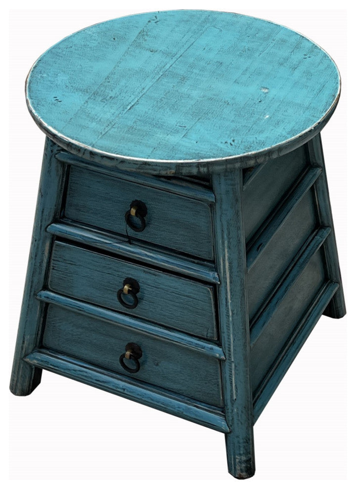 Chinese Distressed Light Blue Round Top Drawers Wood Stool Table Hws3052