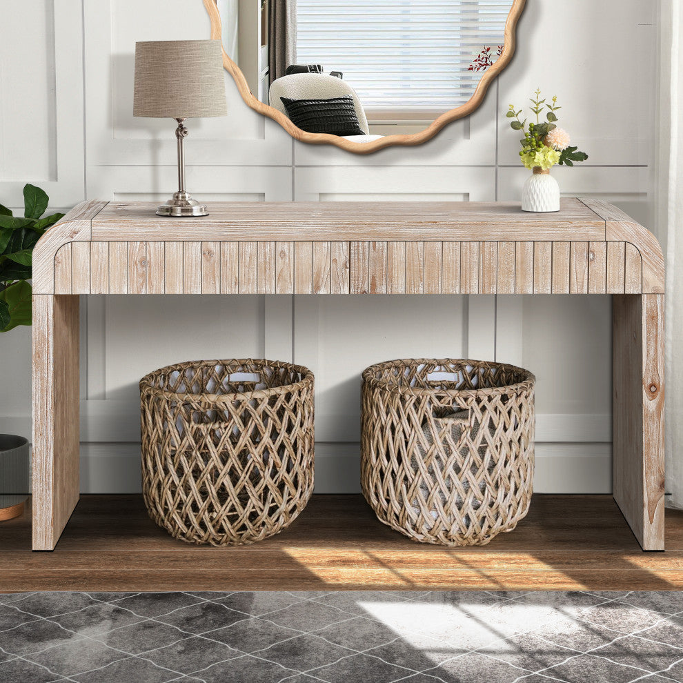 GDF Studio 59" Vintage Farmhouse Console Table With Drawers, Natural Wood Washed