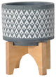 Ceramic 5" Aztec Planter On Wooden Stand, Gray