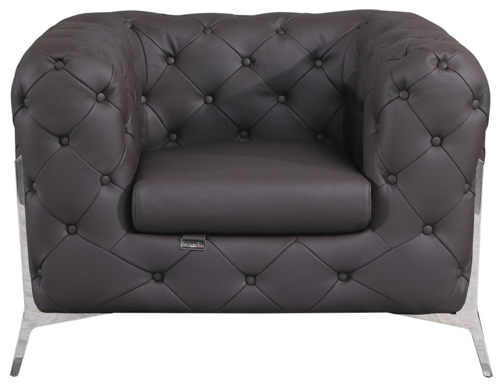 Glam Espresso Brown and Chrome Tufted Leather Armchair