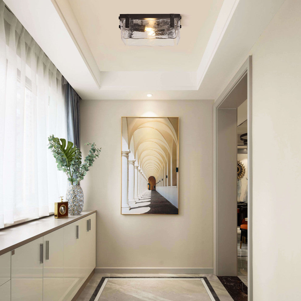 Ashley 11.8" Black 2-light Hand Crafted Glass Square Flush Mount