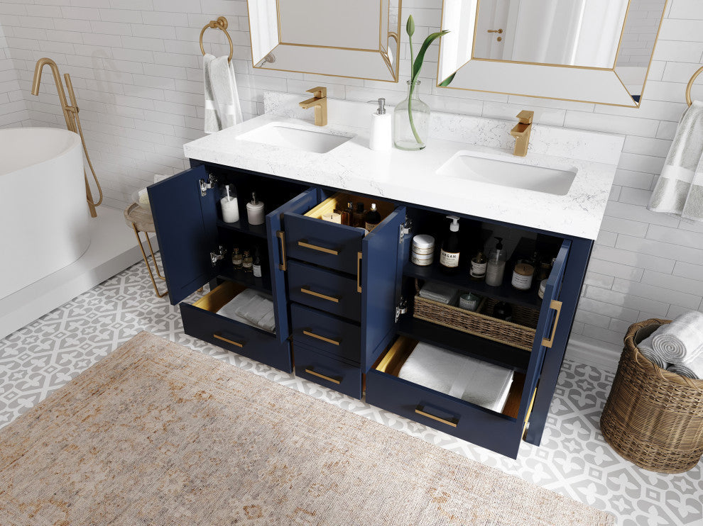 Malibu 60 Double Sink Bathroom Vanity in Navy Blue 2" Carrara Quartz