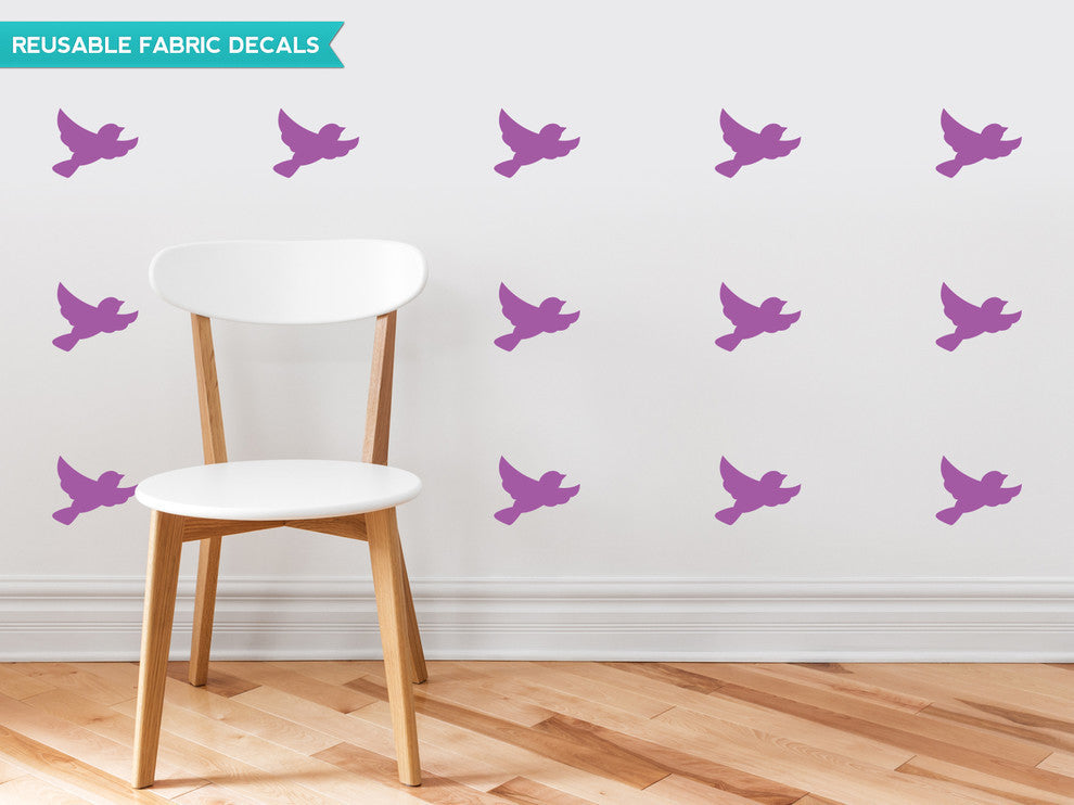 Birds Fabric Wall Decals, Set of 16 Birds, Purple
