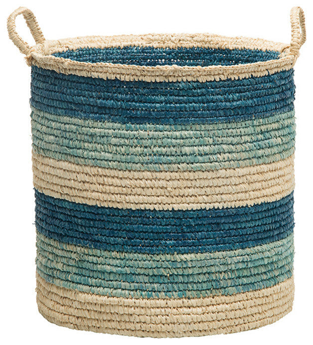 Round Sisal Storge Basket With Handles, Dark Blue, Turquoise and Natural