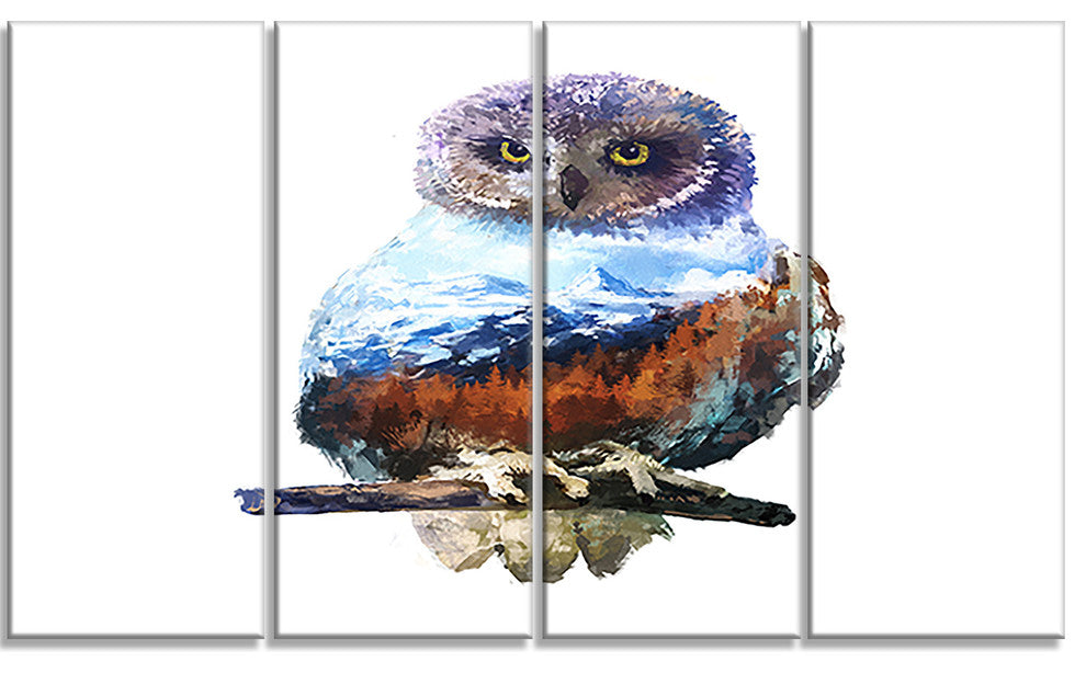 Owl Double Exposure Illustration, Large Animal Canvas Print, 48"x28", 4 Panels
