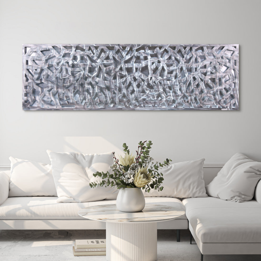 "Silver Enigma" Polished Steel Sculpture Abstract Wall Art, Silver Leaf, 72"x22"