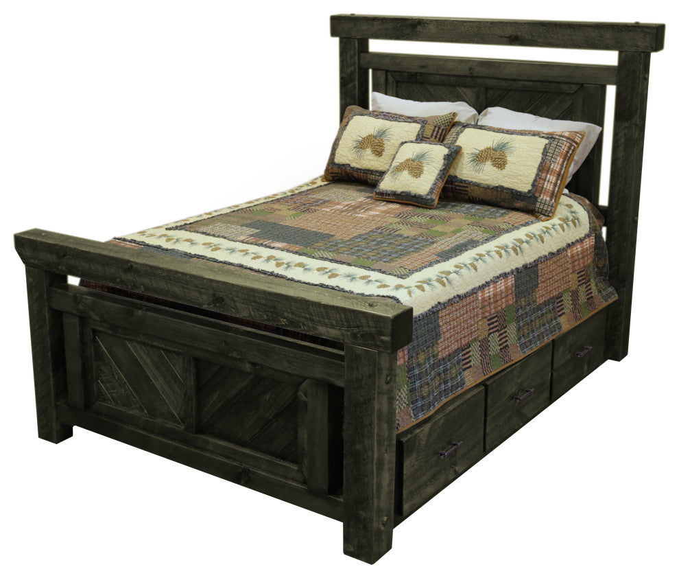 Barnwood Style Timber Peg Panel Platform Bed with Footboard, Weathered Slate, King