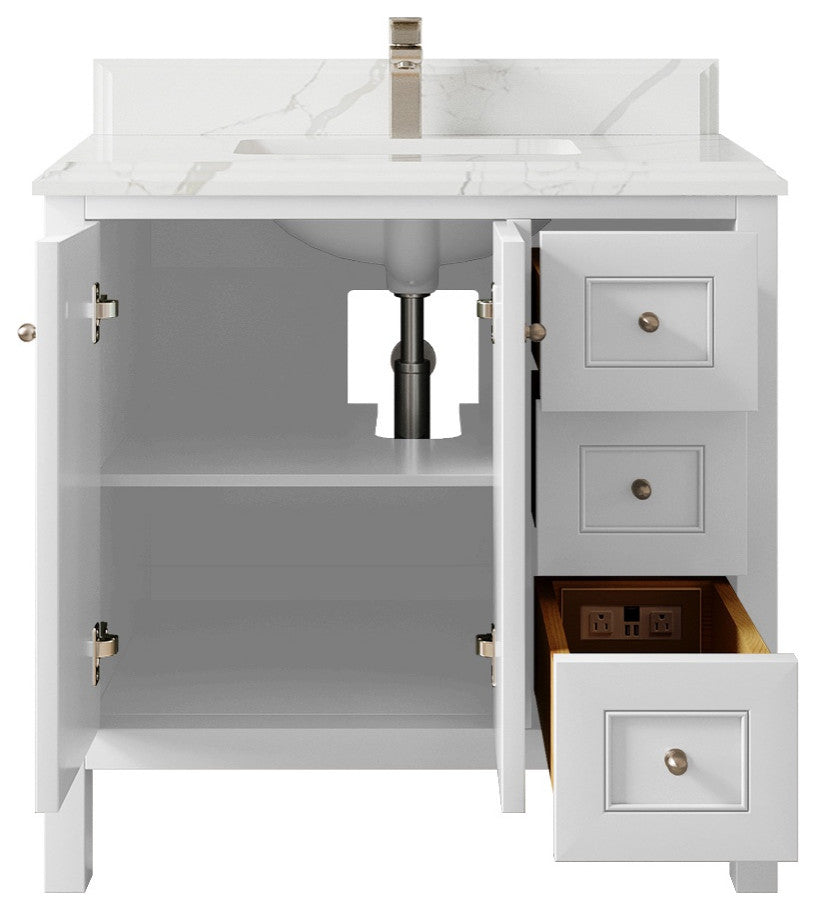 Nashville 36" Center Sink Bath Vanity, White 1.5" Calacatta Laza