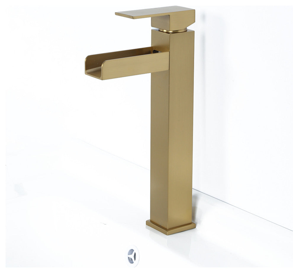 Contemporary Single Handle Waterfall Spout Bathroom Vessel Sink Faucet, Brushed Gold