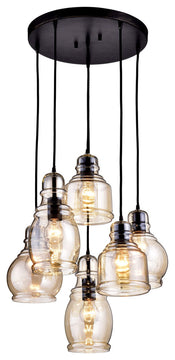 Sara 6-light Cognac Glass Pendant Round Base, Antique Black Finish
