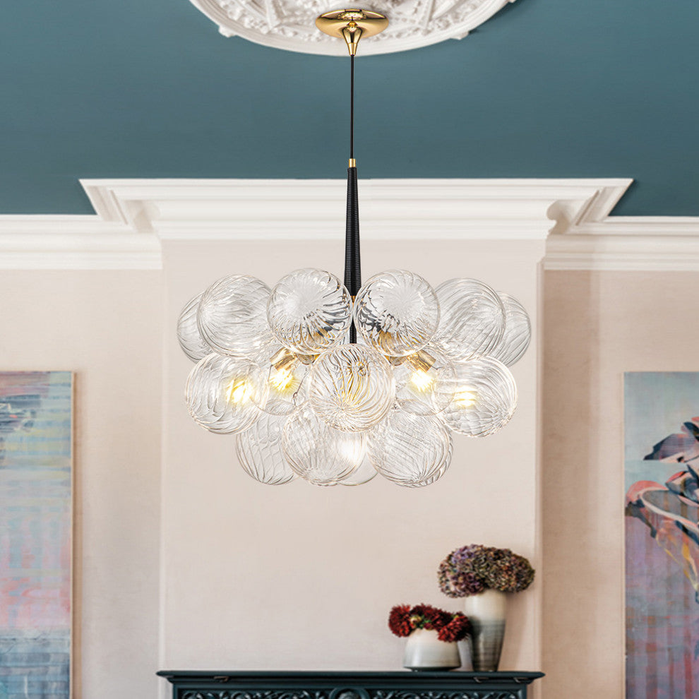Contemporary 6-Light Twisted Clear Glass Globe Chandelier, Black/Gold