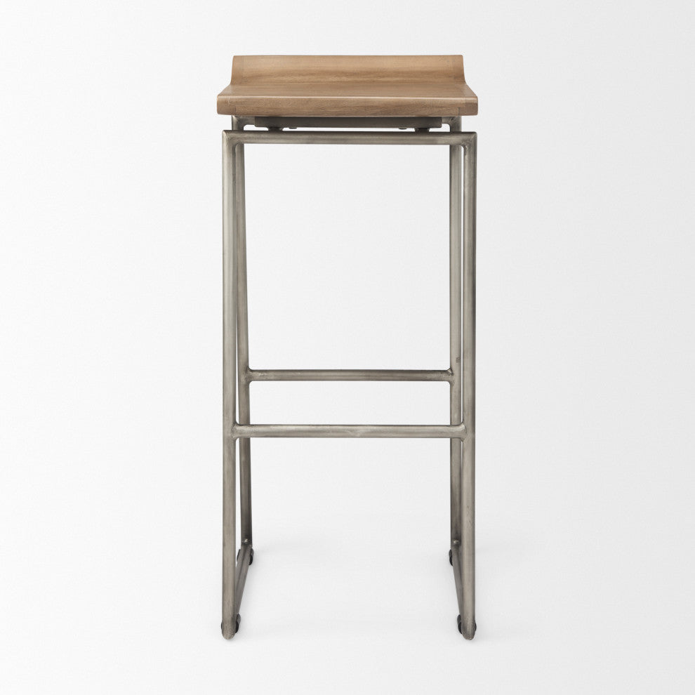 Givens Light Brown Solid Wood with Silver Metal Frame Bar Stool