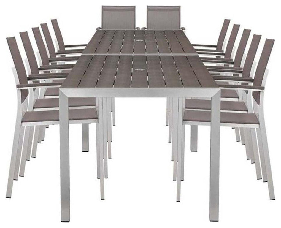 Maklaine 14-Piece Modern Aluminum Dining Set in Gray and Brush Finish