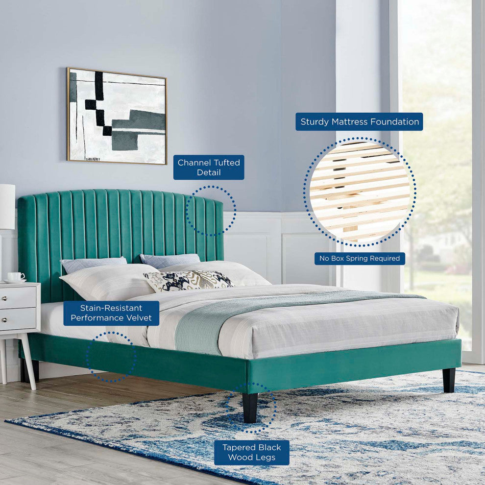 Platform Bed Frame, King Size, Teal Blue, Velvet, Modern, Bedroom Guest Suite
