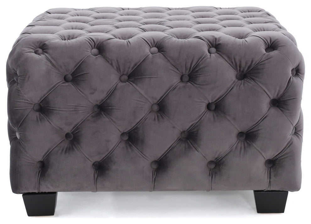 GDF Studio Provence Tufted New Velvet Fabric Ottoman Pouf, Gray