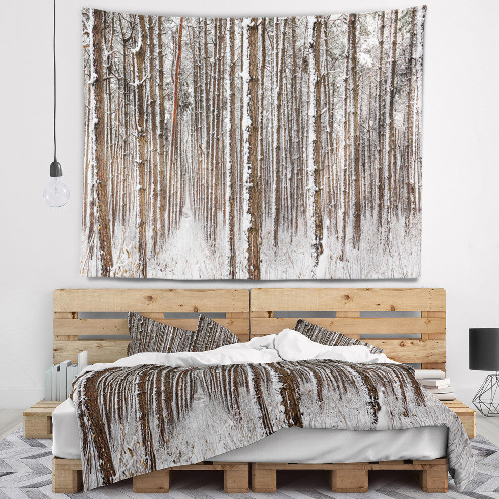 Dense Pine Forest in Winter Landscape Wall Tapestry, 39"x32"