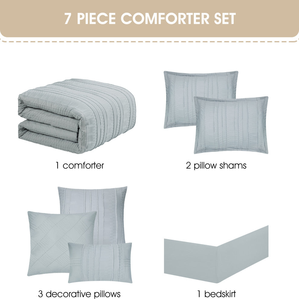 Katniss 7 Piece Stripe Comforter Set, Grey, Queen