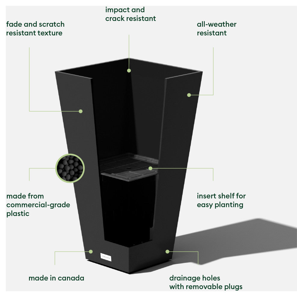 Midland Tall Square Planter, Black, 26'', 2 Pack