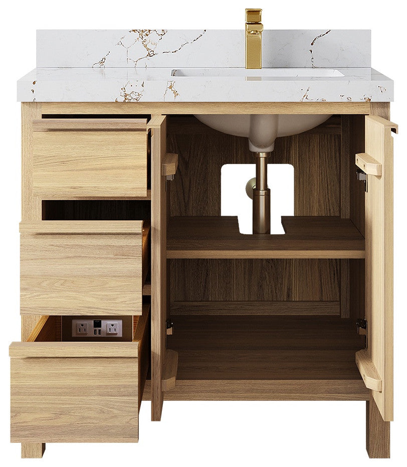 Elizabeth Oak 36" Right Offset Sink Vanity, White 2" Viola Gold